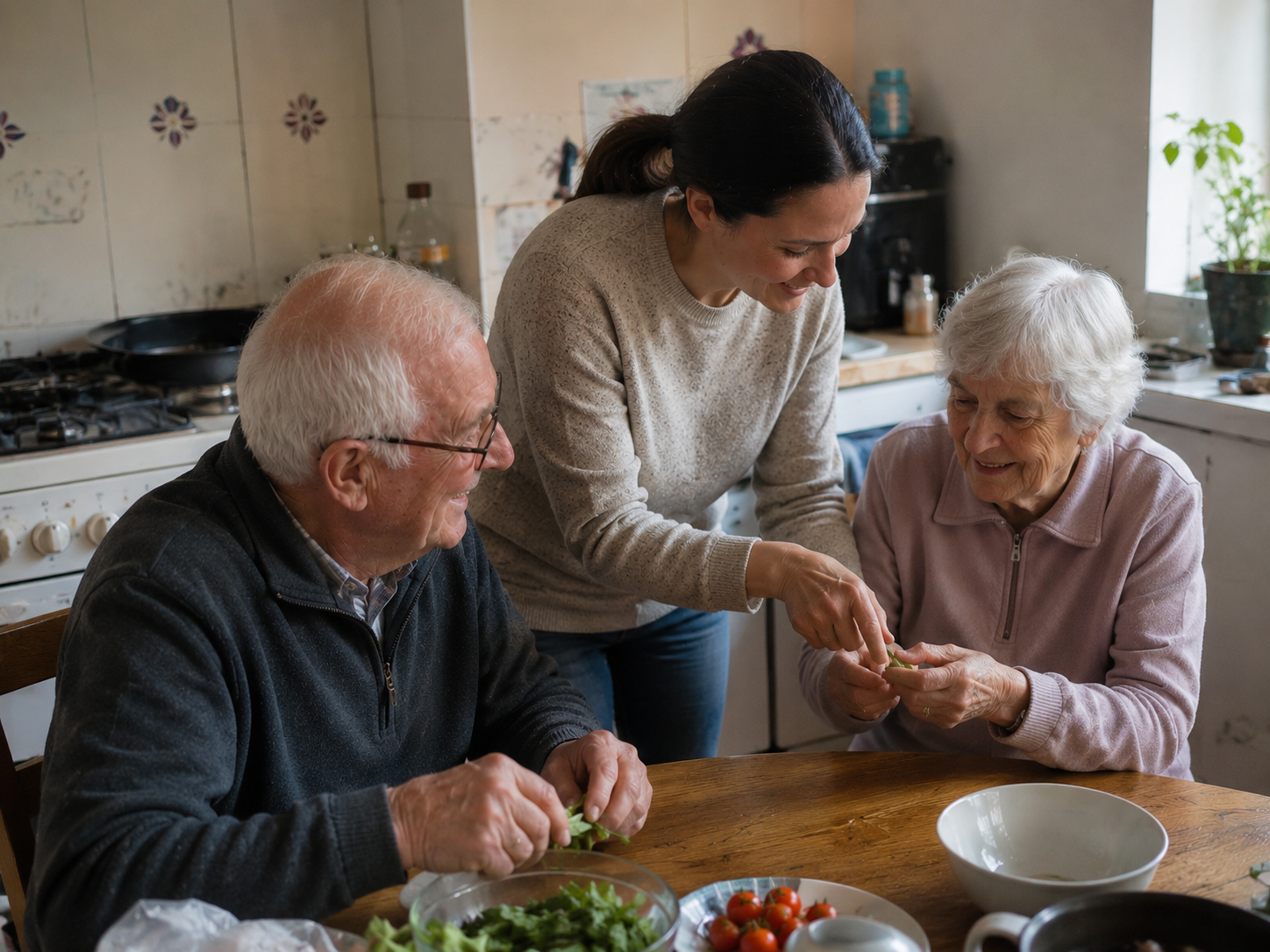 A NeeryVille carer helping an elderly couple prepare a meal together in their own kitchen